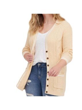 Torrid Cable Knit Cardigan Sweater Beige Sz 00 M/L Long Sleeve V Neck Academia